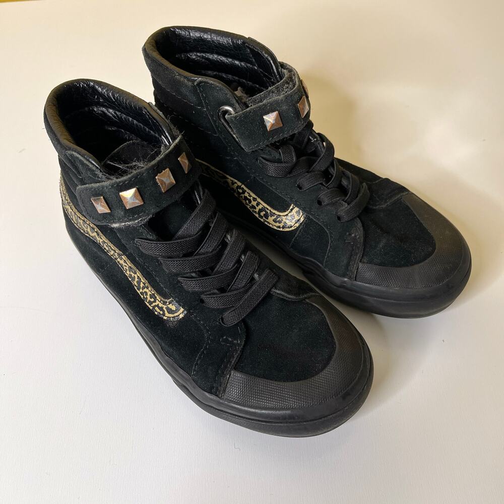 Vans SK8 Hi-Top Skate Shoes‎ Sneakers Kids Boys 13.5 Black Suede Studded Leopard